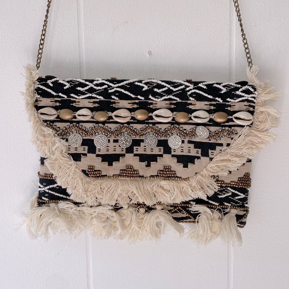 Crossbody Express Shoulder Bag Fabric Gold White Pearls Beaded Shell Tassels